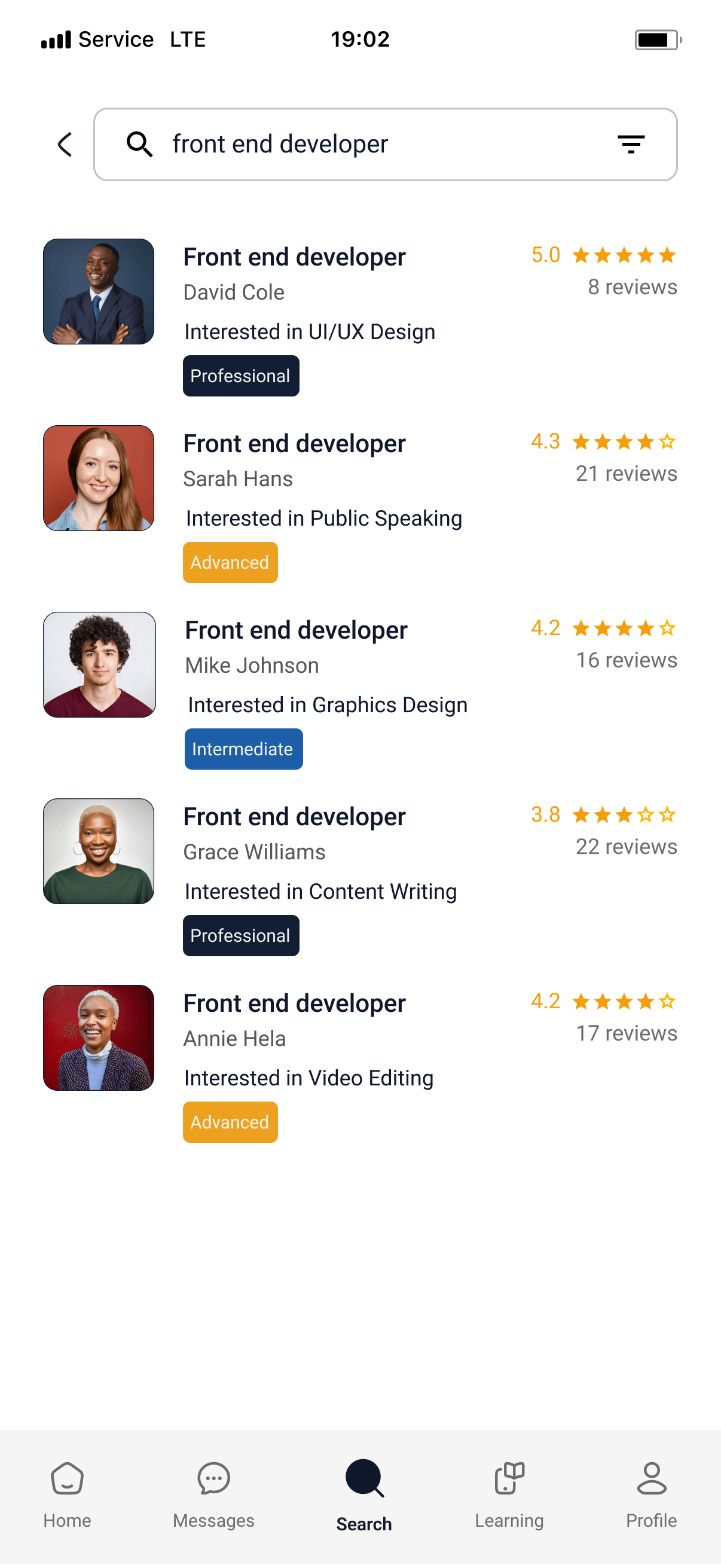 Search results for a front end developer