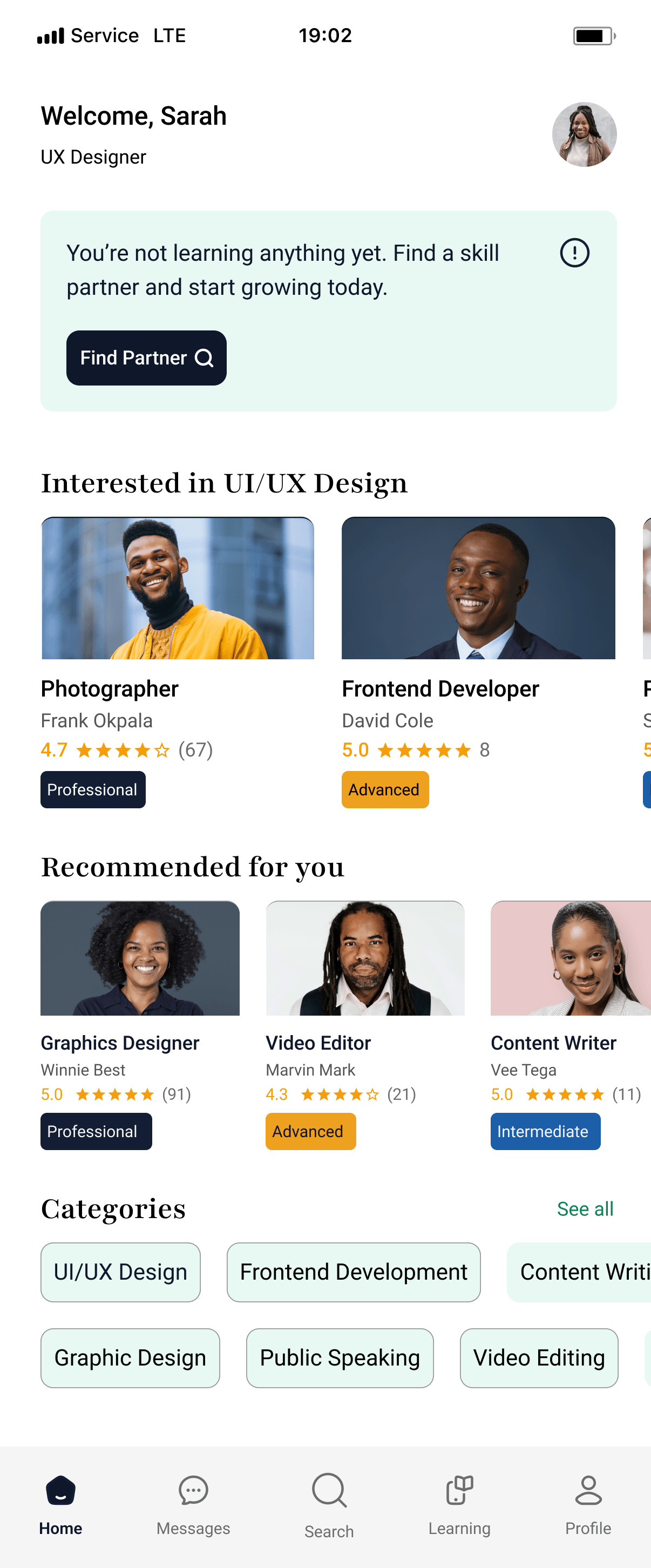 Home, with recommended partners and categories
