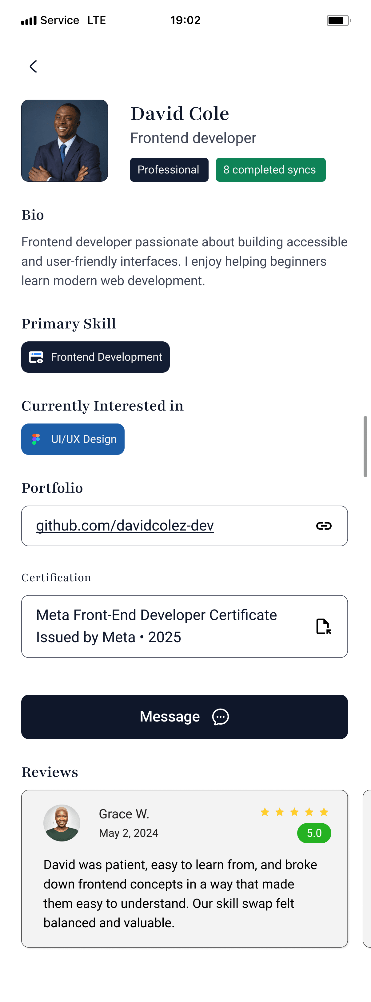 Partner profile, with skills, portfolio and reviews