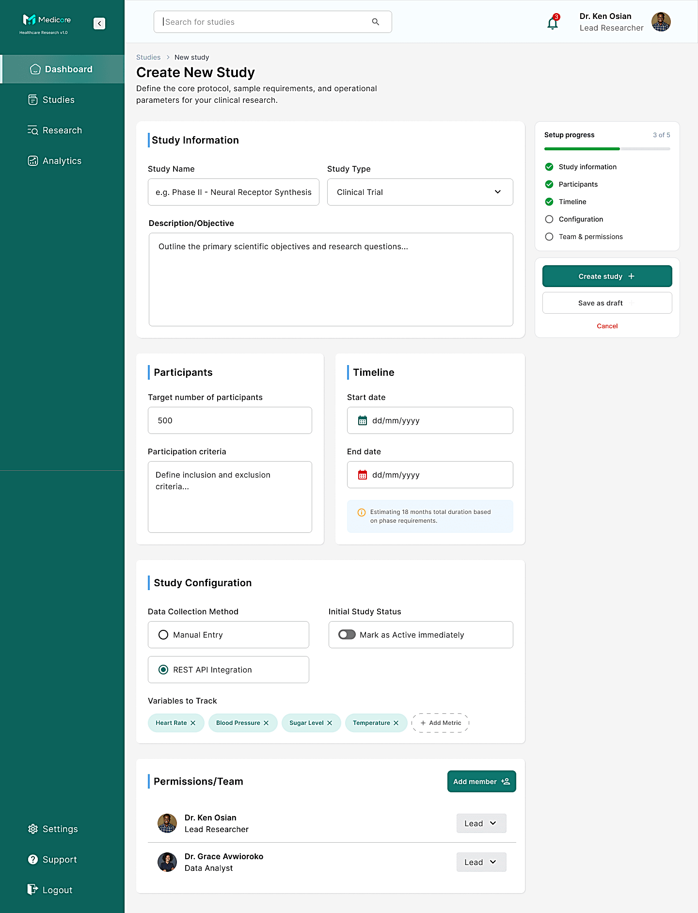 The Medicore Create New Study screen