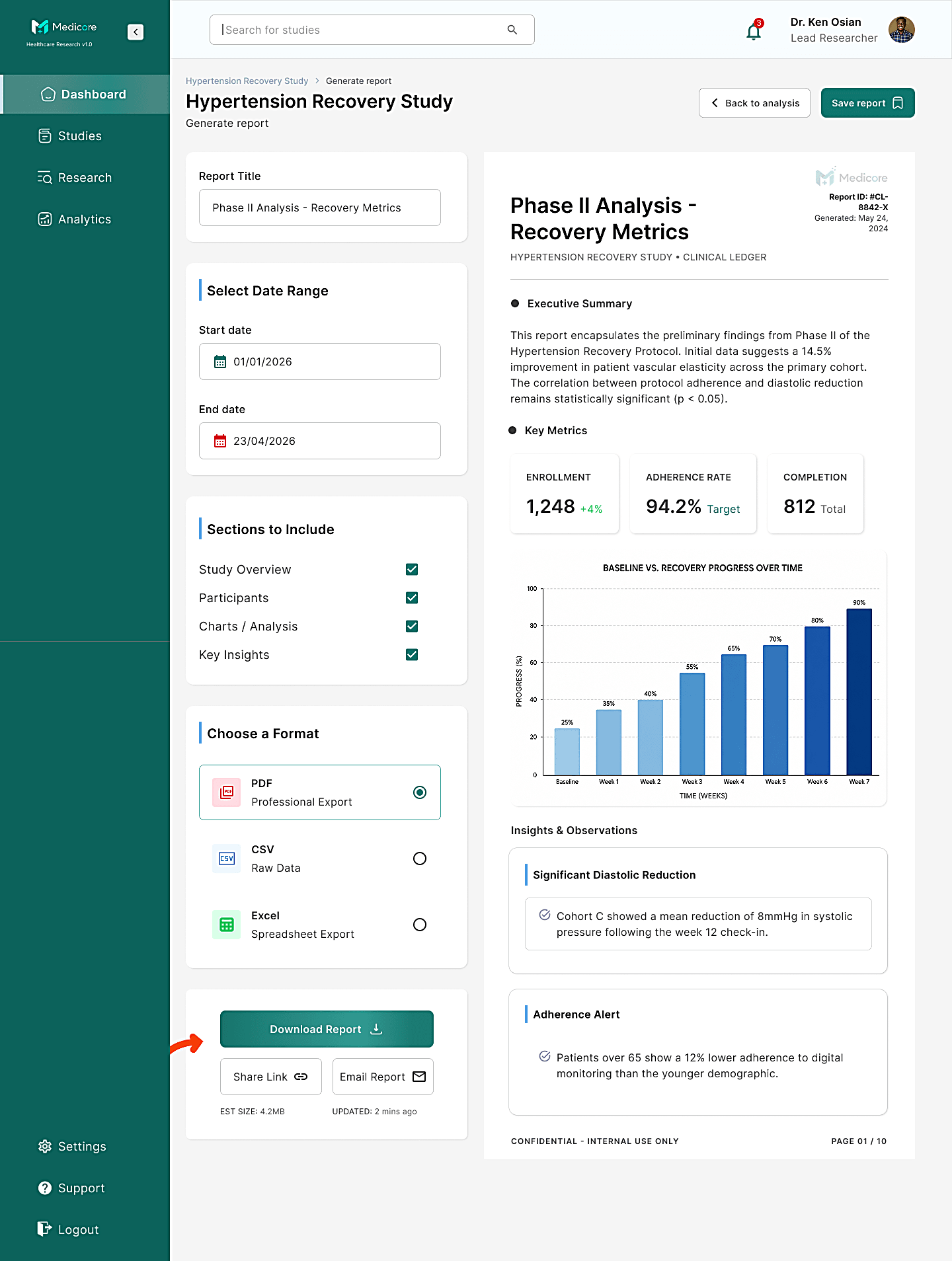 The Medicore Research Report screen