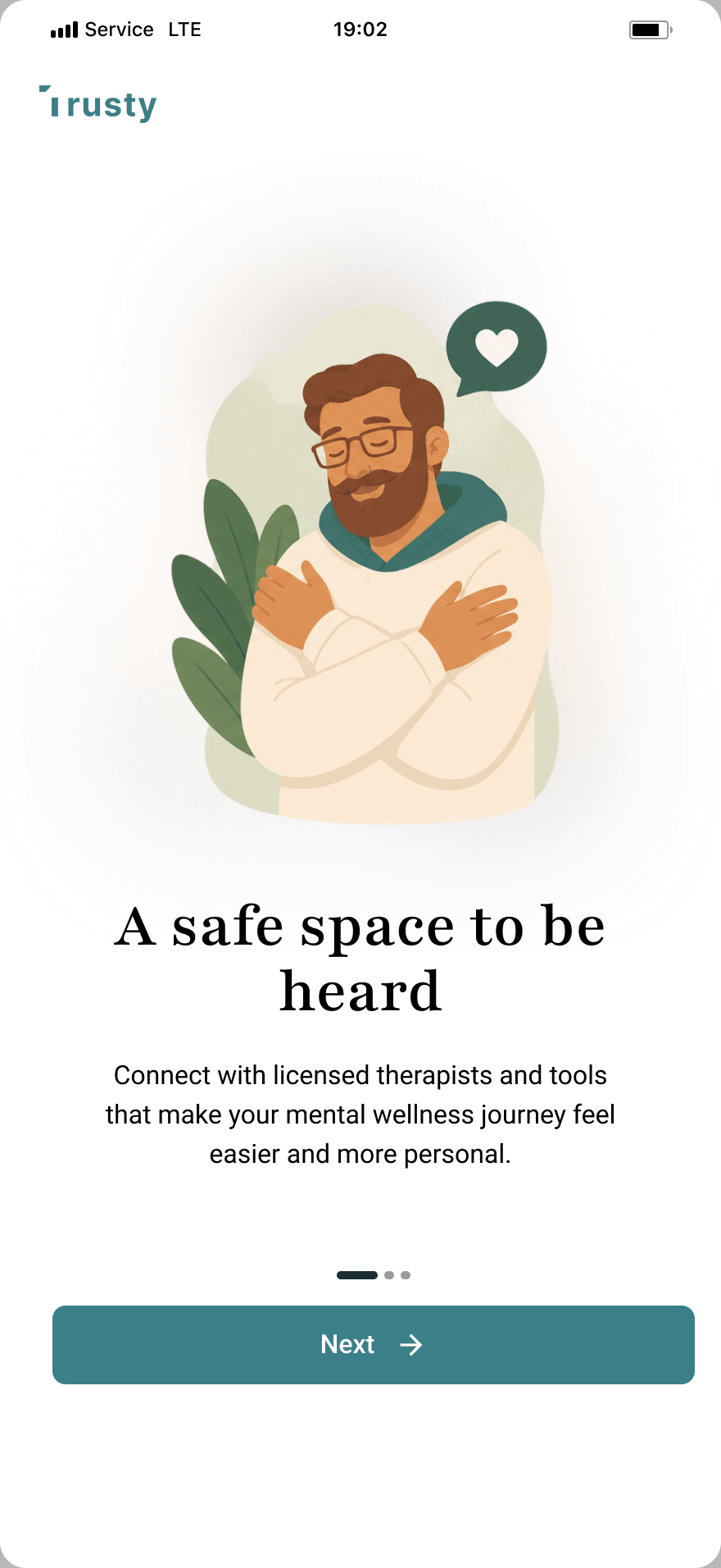Trusty onboarding, screen 1 of 3
