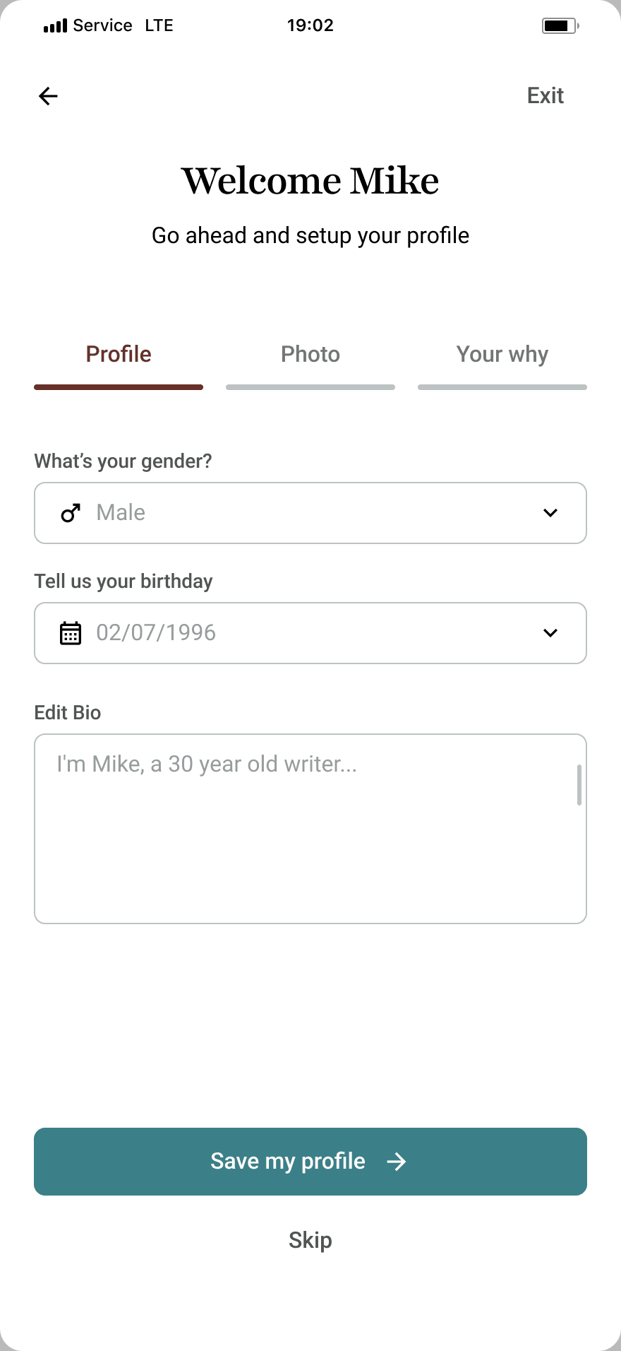 Profile setup: name and details