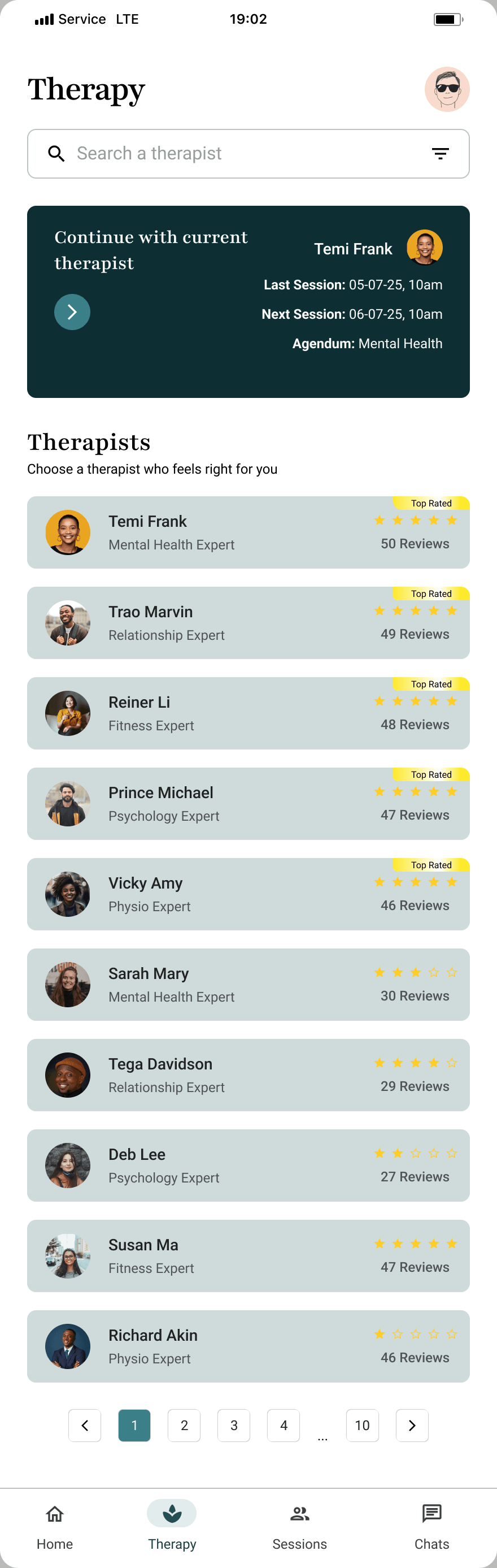 The therapy screen, with the therapist list