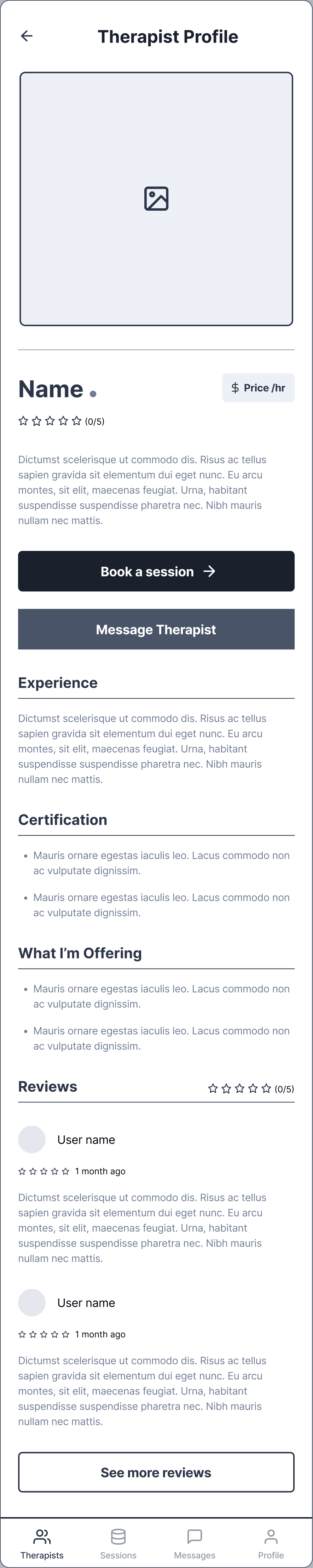 Wireframe of the therapist profile
