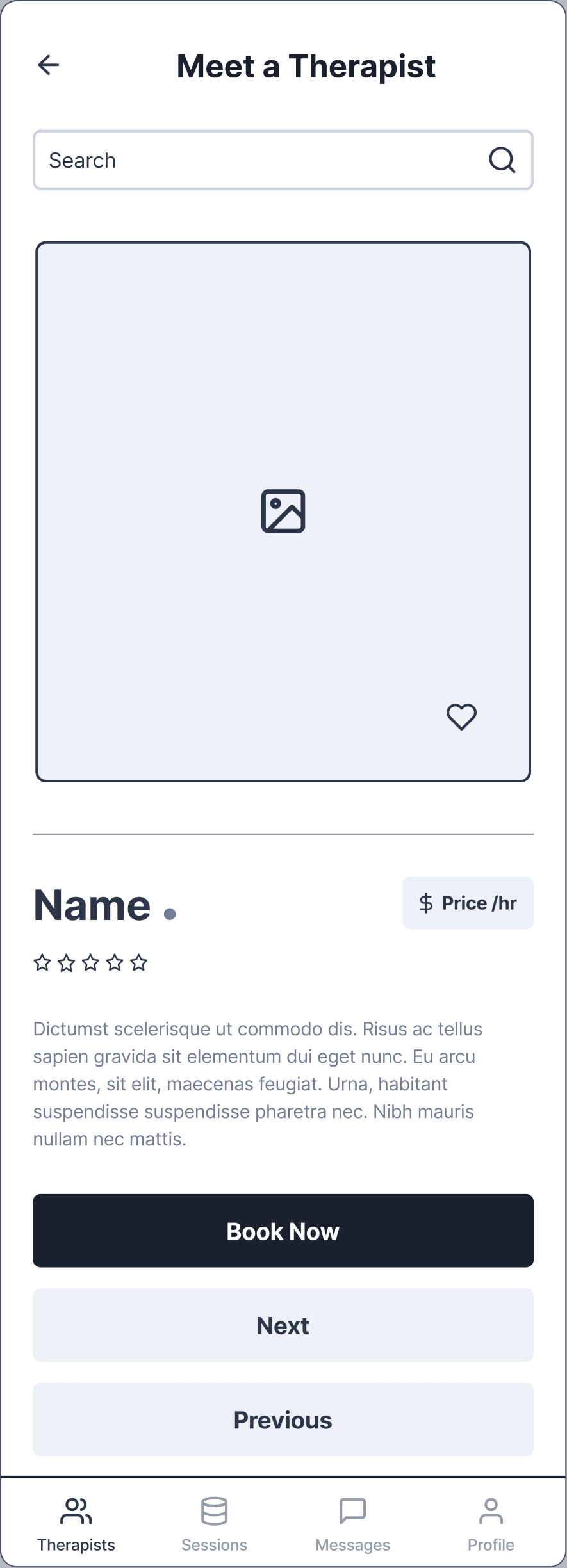 Wireframe of the therapist list